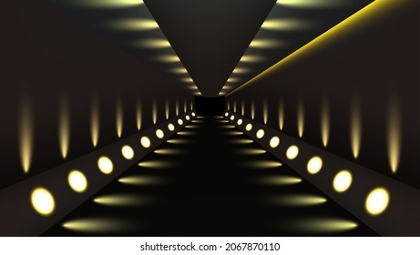 Abstract futuristic corridor tunnel background with light effect. Optical illusion, spaceship science fiction rocket launching runway teleport illuminating fluorescent neon light. Vector illustration