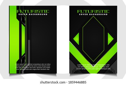 Abstract futuristic cover a4 background template with green technology concept on black shapes. Modern layout vector design can use banner gaming, presentation business, sport poster, automotive event