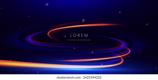 Abstract futuristic curved glowing neon blue and orange light ray on dark blue background with lighting effect. Vector illustration