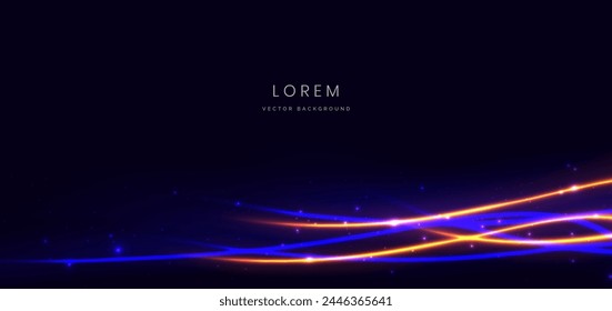 Abstract futuristic curved glowing neon blue and orange light ray on dark blue background with lighting effect. Vector illustration