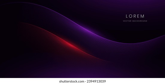 Abstract futuristic curved glowing purple and red light lines on black background. Vector illustration