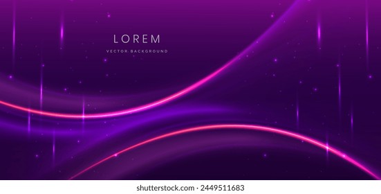 Abstract futuristic curved glowing purple light lines on dark purple background. Vector illustration