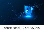 Abstract futuristic cyber security concept with a glowing shield and digital data. Perfect for tech-related designs, Data is transmitted through a well-protected shield