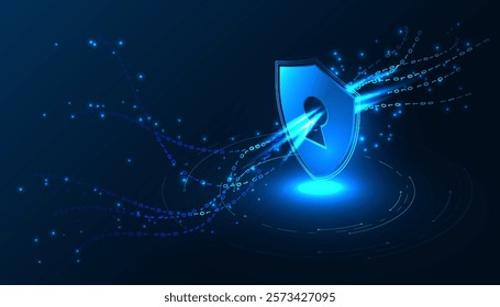 Abstract futuristic cyber security concept with a glowing shield and digital data. Perfect for tech-related designs, Data is transmitted through a well-protected shield