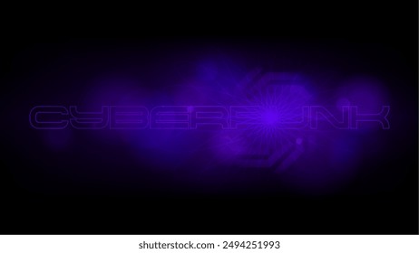 Abstract Futuristic 'Cyberpunk' Typography with Circle and Repeated Circle Lines under Purple Bokeh Fog