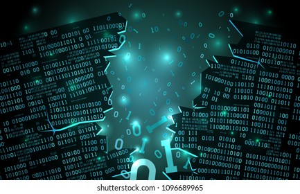Abstract futuristic cyberspace with a hacked array of binary data, broken falling binary code, matrix background with digits, big data neural network, well organized layers