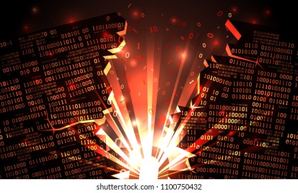 Abstract futuristic cyberspace with a hacked array of binary data, explosion with rays of light, blown-up binary code, matrix background, big data internet of things, well organized layers