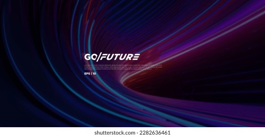 Resumen de fondo oscuro futurista con diseño de olas fluyendo. Luces de neón de papel 3d dinámicas y líneas de túnel ai. Fondo de tecnología para digital, sitio web, presentación, banner... ilustración vectorial