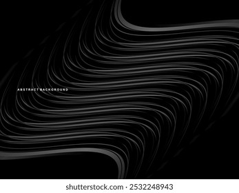 Abstrato futurista fundo preto escuro com design de onda. Papel de parede 3d realista com linhas de fluxo luxuosas. Fundo perfeito para cartazes, sites, brochuras, banners, aplicações, etc.