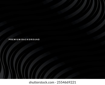 Abstract futuristic dark black background with wave design. Realistic 3d wallpaper with luxury flowing lines, perfect for posters, celebrations, websites, flyers, banners, apps, etc.
