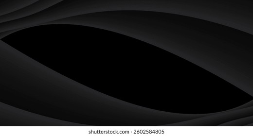 Abstract futuristic dark black background with wave design. Realistic 3d wallpaper with luxurious flowing lines. Perfect background for posters, websites, brochures, banners, applications, etc.