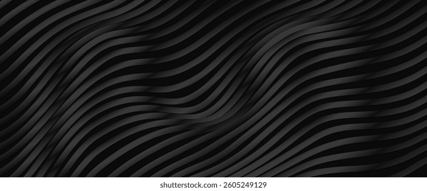 Abstract futuristic dark black background with waved design. Realistic 3d wallpaper with luxury flowing lines.