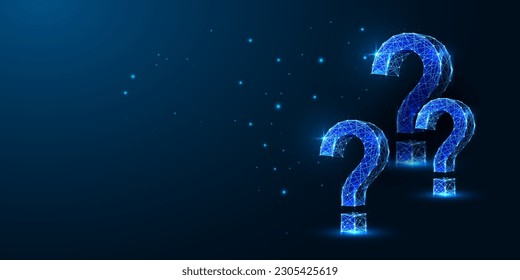 Abstract futuristic dark blue background with question marks in glowing low polygonal style. Future technologies, exploration conceptual banner. Modern abstract connection design vector illustration.