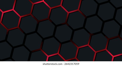 Abstract futuristic dark Metallic Hexagons with Glowing red light, 3D Rendering. vector illustration