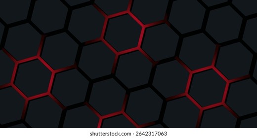 Abstract futuristic dark Metallic Hexagons with Glowing red light, 3D Rendering. vector illustration