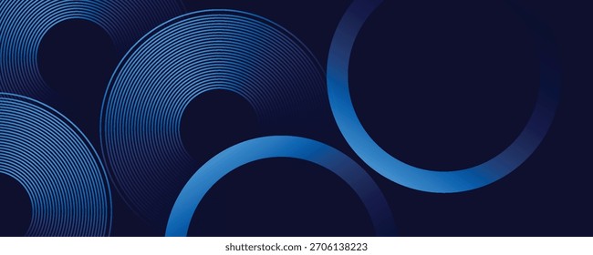 Abstractas fondo futurista de Vector oscuro con arcos circulares azules brillantes y patrones de líneas concéntricas, perfecto para temas de tecnología, digitales o de diseño moderno