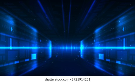 Interior abstrato do data center futurista com luzes de néon azuis brilhantes, racks de servidor que revestem um corredor simétrico e feixes de luz dinâmicos convergentes no centro. Computação em nuvem de ficção científica de alta tecnologia, armazenamento de dados de grandes volumes e plano de fundo de infraestrutura de tecnologia digital