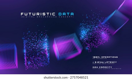 Abstract futuristic data digital background with glowing neon blue and purple particle cubes. 3D cyber technology concept showing fast network connection and cloud computing system. Vector illustration.