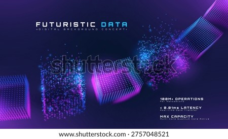 Abstract futuristic data digital background with glowing neon blue and purple particle cubes. 3D cyber technology concept showing fast network connection and cloud computing system. Vector illustration.