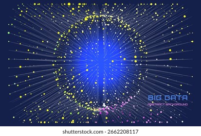 Abstraktes futuristisches Datenmassiv mit Kugel aus Strahlen, die Farbpunkte auf Dunkelheit verbinden. Sphäre in Array-Datenbox. Konzept-Visualisierung für Technologie, Analytik und Wissenschaft