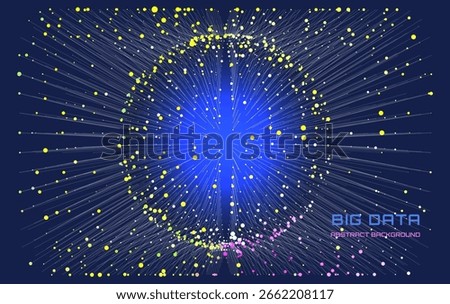 Abstract futuristic data massiv with sphere from rays connecting color dots on dark. Sphere in array databox. Concept visualization for technology, analytics and science