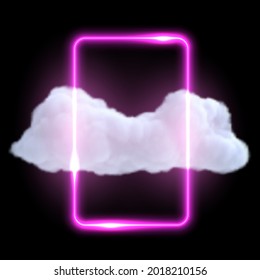 Abstract futuristic design composition with realistic cloud and neon glowing shape isolated on black background. Modern fashion vector illustration.
