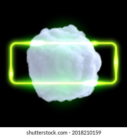 Abstract futuristic design composition with realistic cloud and neon glowing shape isolated on black background. Modern fashion vector illustration.