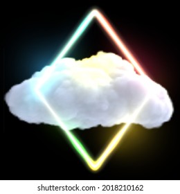 Abstract futuristic design composition with realistic cloud and neon glowing shape isolated on black background. Modern fashion vector illustration.