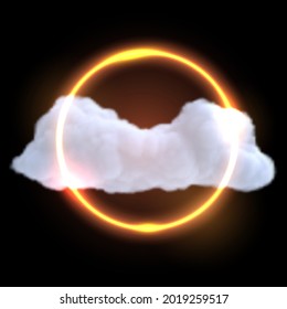 Abstract futuristic design composition with realistic cloud and neon glowing circle isolated on black background. Modern fashion vector illustration.