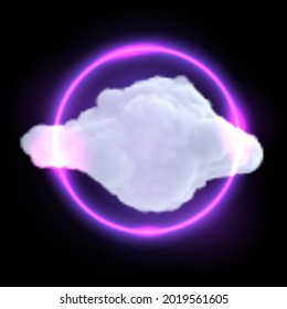 Resumen de composición de diseño futurista con nube realista y círculo brillante de neón aislado en el fondo negro. Ilustración vectorial de moda moderna.