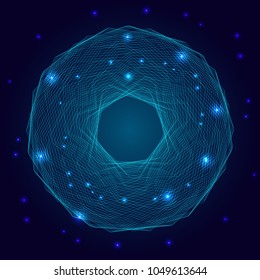 Abstract futuristic design. Sparkling dots with linear and circular pattern shapes on dark blue background.
