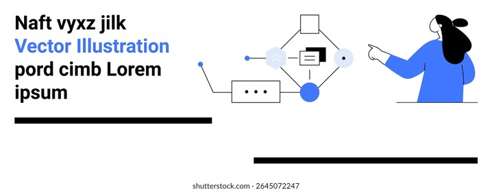Diagrama futurista abstrato com elementos conectados, apontando individualmente para o diagrama. Ideal para apresentações de tecnologia, processos de negócios, visualização de dados, conteúdo educacional, projeto