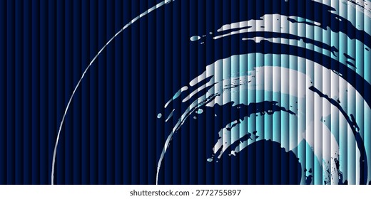 Abstract futuristic digital background, deep navy blue base with vertical ribbed stripes like window blinds, large dynamic wave swirl vortex in light cyan and ice blue tones, Vol 3