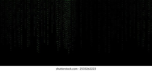 Abstract futuristic digital background featuring vertical streams of green glowing dots on a dark black background