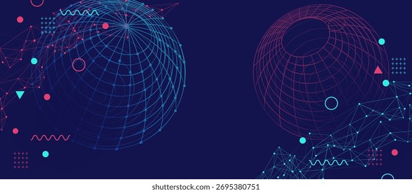 Abstractas fondo digital futurista con líneas de red interconectadas, nodos geométricos y globos de estructura metálica. Ideal para temas de tecnología, datos, comunicación e innovación global.
