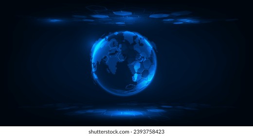Resumen de la tecnología de comunicación digital futurista de fondo con globo azul neón brillante y plano hexagonal.Conceptos de comunicación digital, económicos y tecnológicos.
