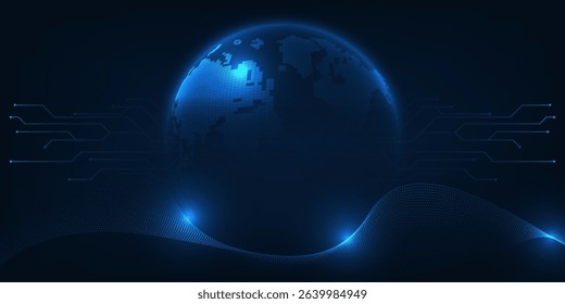 Abstract futuristic digital hologram globe on neon ring and digital wave wireframe around.Future tech and digital tech design concepts.