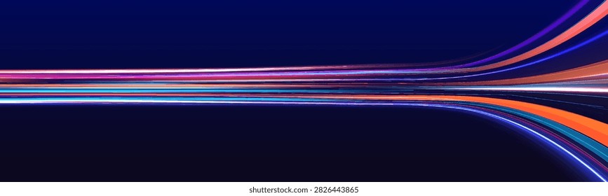 Abstract futuristic digital light streaks with neon colors on dark background on transparent background