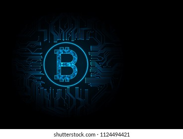  Abstract futuristic digital money with logo bitcoin digital currency on blue circuit board glowing electric lights background.Technology worldwide network concept.