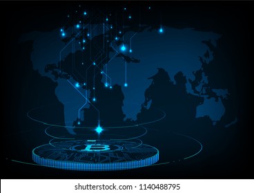  Abstract futuristic digital money with logo bitcoin digital currency on blue circuit board glowing electric lights background.Technology worldwide network concept.
