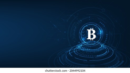 Abstract futuristic digital money with logo bitcoin digital currency on blue background,technology worldwide network concept