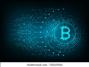  Abstract futuristic digital money with logo bitcoin digital currency on blue background, technology worldwide network concept.