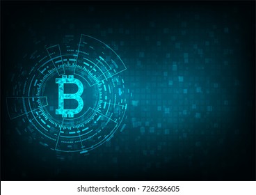  Abstract futuristic digital money with logo bitcoin digital currency on blue background, , technology worldwide network concept.