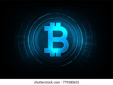  Abstract futuristic digital money with logo bitcoin digital currency on circuit board blue background.Technology worldwide network concept.
