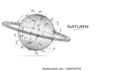 Resumen digital futurista Saturn triángulo planeta y puntos de partícula en el vector de espacio de copia. Esfera de polos baja con el contorno negro del fondo de la tecnología de cifi.