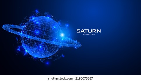 Resumen digital futurista Saturn triángulo planeta y puntos de partícula en el vector de espacio de copia. Esfera de polos baja con fondo de tecnología cifi brillante azul.