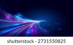 Abstract futuristic digital technology background with glowing speed light trails and data flow on dark blue background. Right copy space for banner, presentation, website, innovation, ai, network, and digital transformation concept. vector illustration