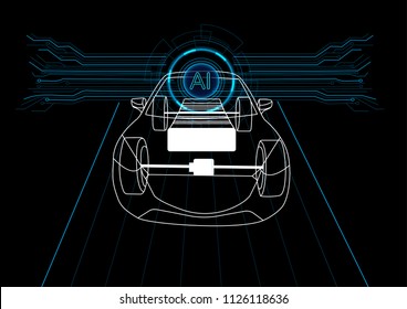 Abstract futuristic digital and technology background. Car is controlled by Artificial Intelligence brain.