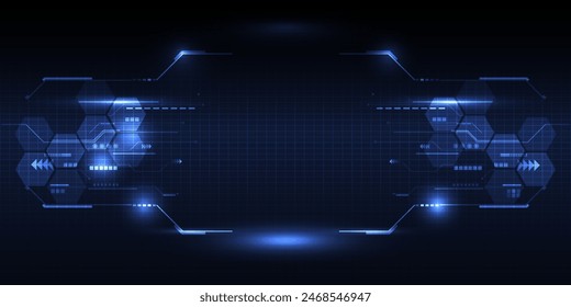 Abstract futuristic digital technology background with grid line field copy space and futuristic digital circuit frame for layout and product showcase.