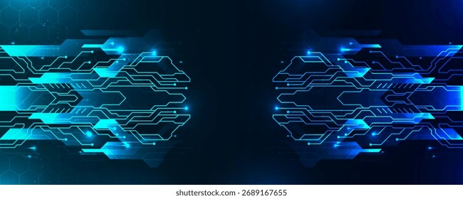 Abstrakter, futuristischer Hintergrund für digitale Technologie mit leuchtend blauen Stromleitungen, Datenflussverbindungen und innovativem Netzwerkdesign für KI, Blockchain und Cybersysteme.
